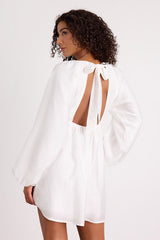 Amerah White Textured Balloon Sleeve Babydoll Mini Dress