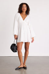 Amerah White Textured Balloon Sleeve Babydoll Mini Dress
