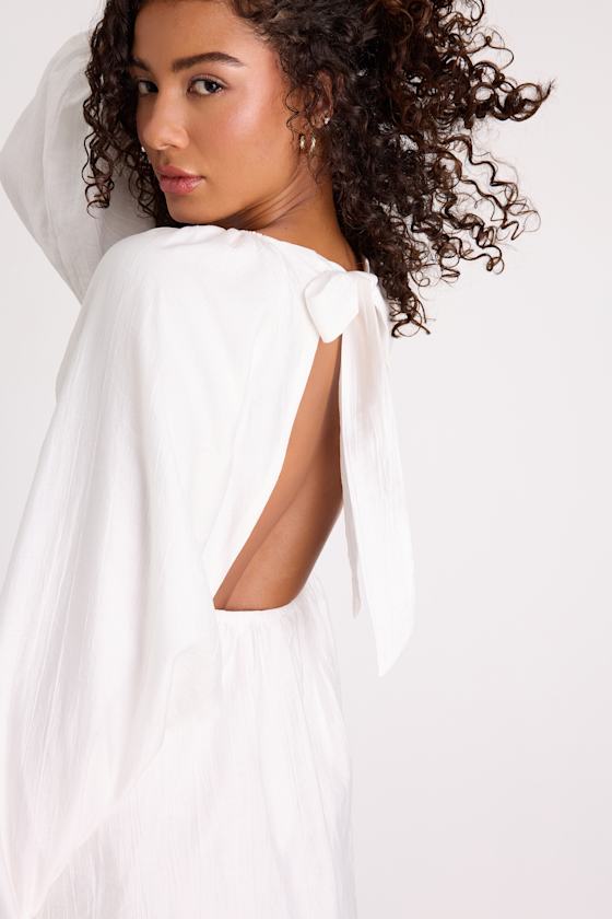 Amerah White Textured Balloon Sleeve Babydoll Mini Dress