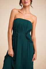 Lauren Emerald Pleated Strapless Ruffled Maxi Dress