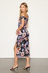 Estella Black Multi Floral Mesh One-Shoulder Midi Dress