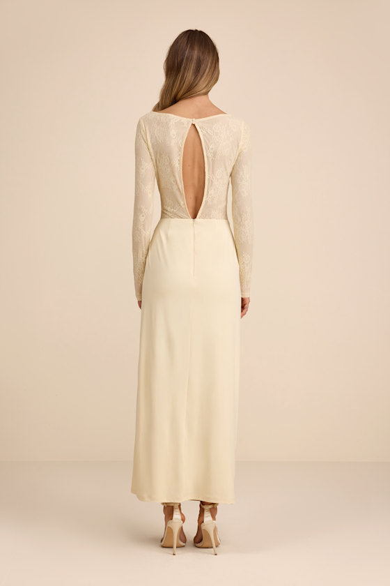 Nadina Pale Yellow Lace Long Sleeve Maxi Dress