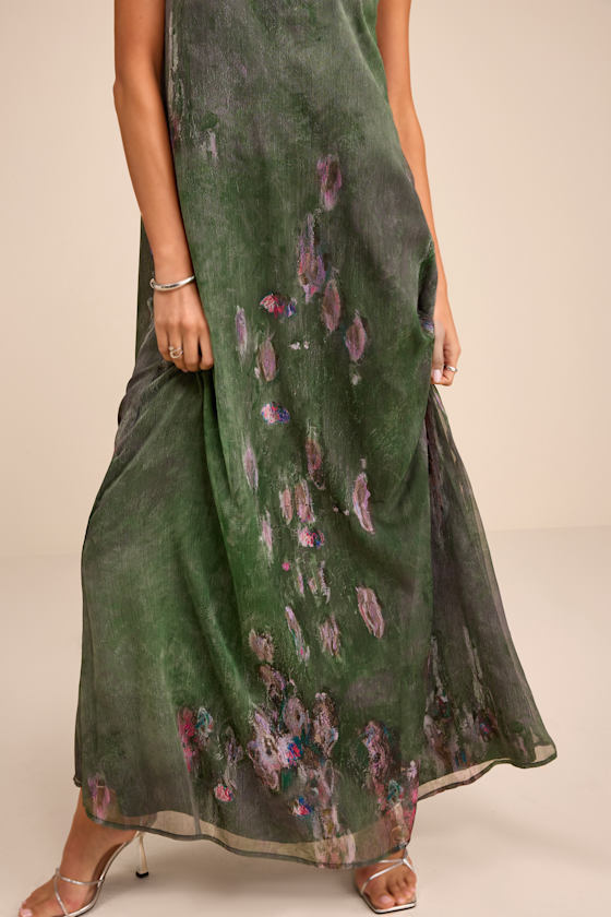 Calixta Green Abstract Chiffon Sash Shift Maxi Dress