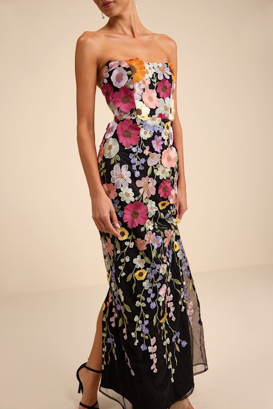 Macario Black Multi 3D Floral Embroidered Strapless Maxi Dress