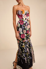 Macario Black Multi 3D Floral Embroidered Strapless Maxi Dress