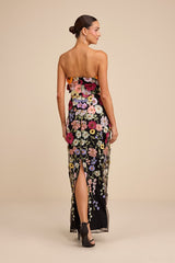 Macario Black Multi 3D Floral Embroidered Strapless Maxi Dress