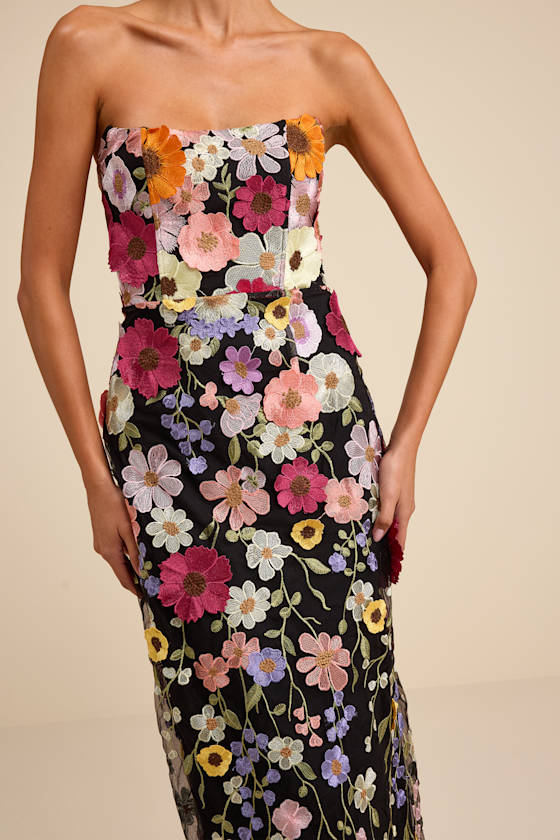 Macario Black Multi 3D Floral Embroidered Strapless Maxi Dress