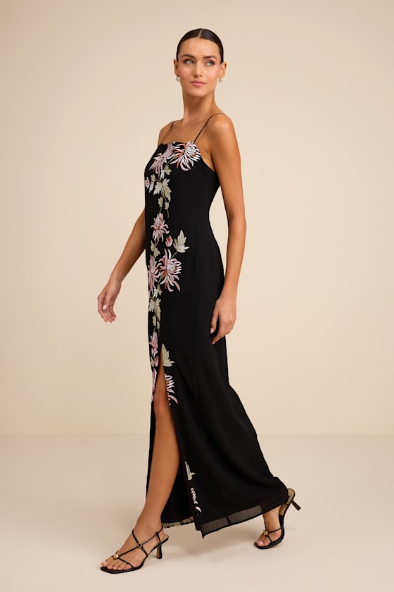 Talisa Black Floral Embroidered Column Maxi Dress