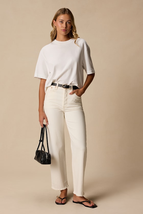Ribcage White Denim Straight Ankle Jeans