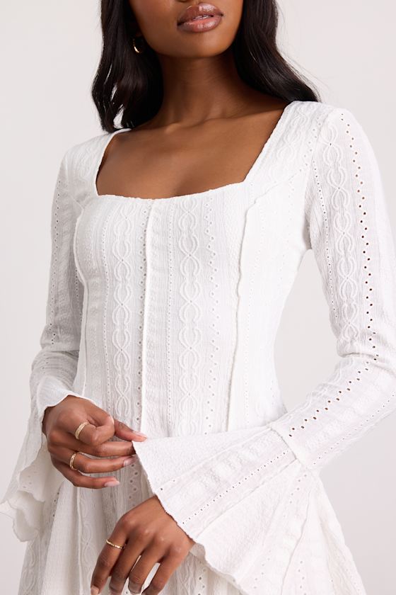 Mirielle White Textured Long Sleeve Mini Dress