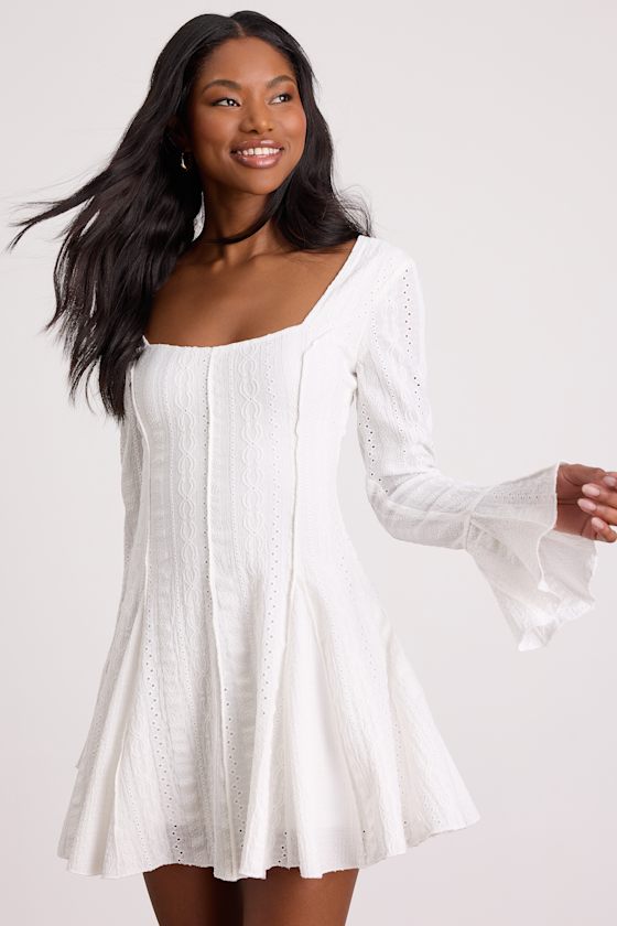 Mirielle White Textured Long Sleeve Mini Dress