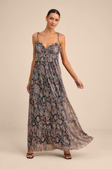 Teomara Navy Paisley Print Lurex Tie-Strap Maxi Dress