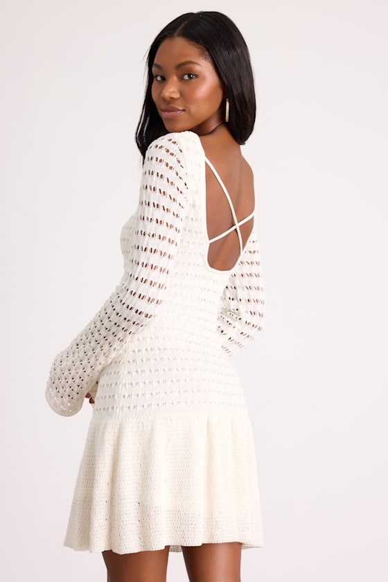 Sylvie Ivory Loose Knit Drop Waist Sweater Mini Dress