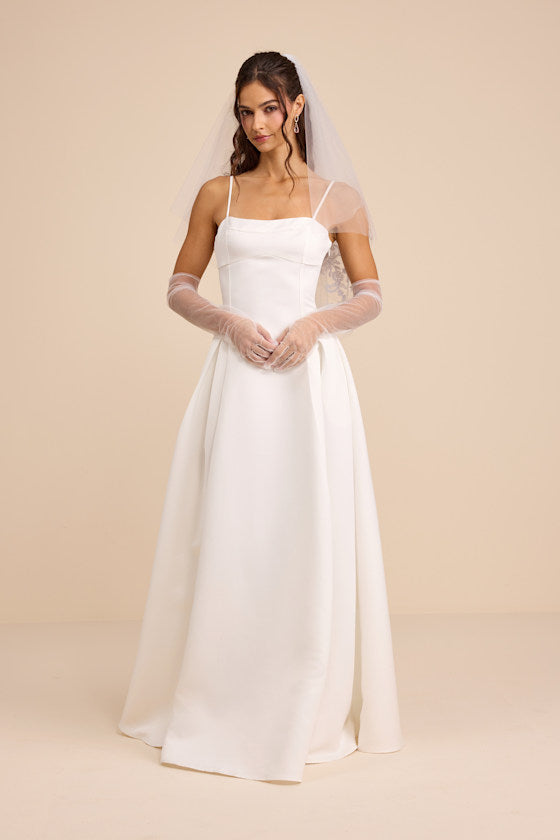 Annissa White Taffeta Drop Waist Lace-Up Maxi Dress