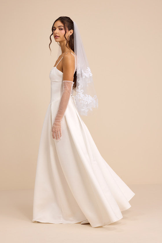 Annissa White Taffeta Drop Waist Lace-Up Maxi Dress