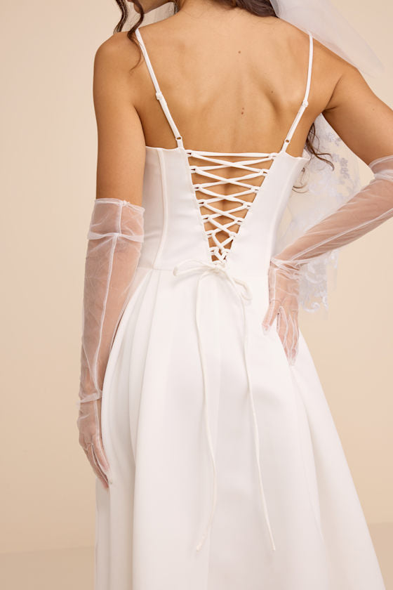 Annissa White Taffeta Drop Waist Lace-Up Maxi Dress