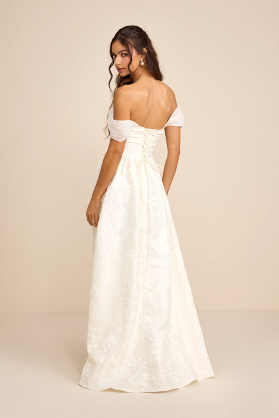 Everglow Ivory Jacquard Off-the-Shoulder Basque Waist Maxi Dress