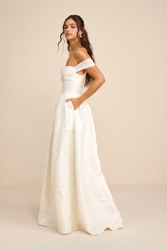 Everglow Ivory Jacquard Off-the-Shoulder Basque Waist Maxi Dress