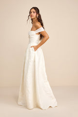 Everglow Ivory Jacquard Off-the-Shoulder Basque Waist Maxi Dress