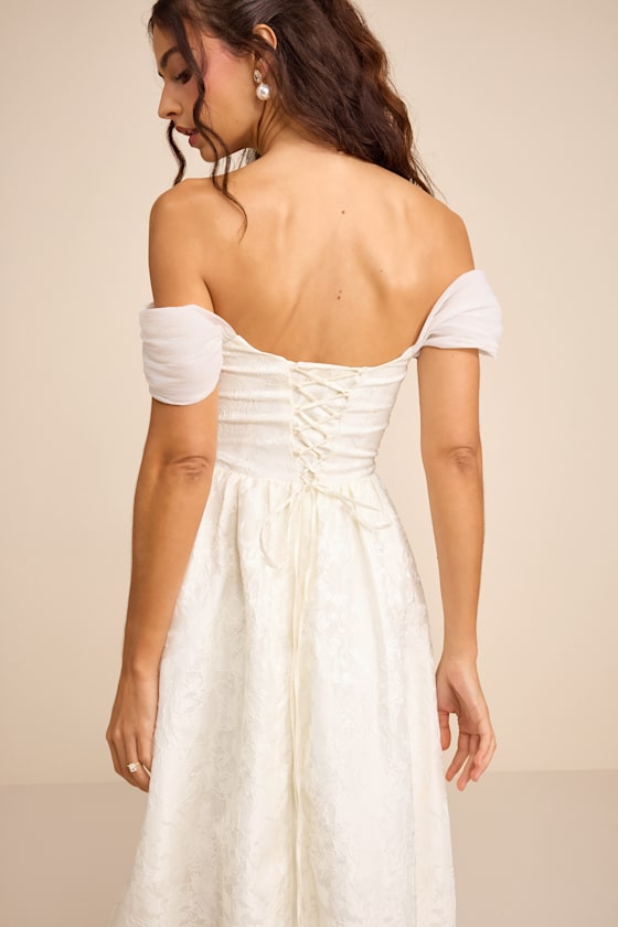 Everglow Ivory Jacquard Off-the-Shoulder Basque Waist Maxi Dress