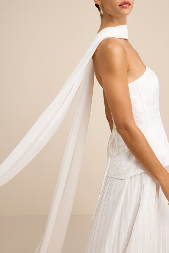 Eloise White Jacquard Pleated Maxi Dress and Scarf Set