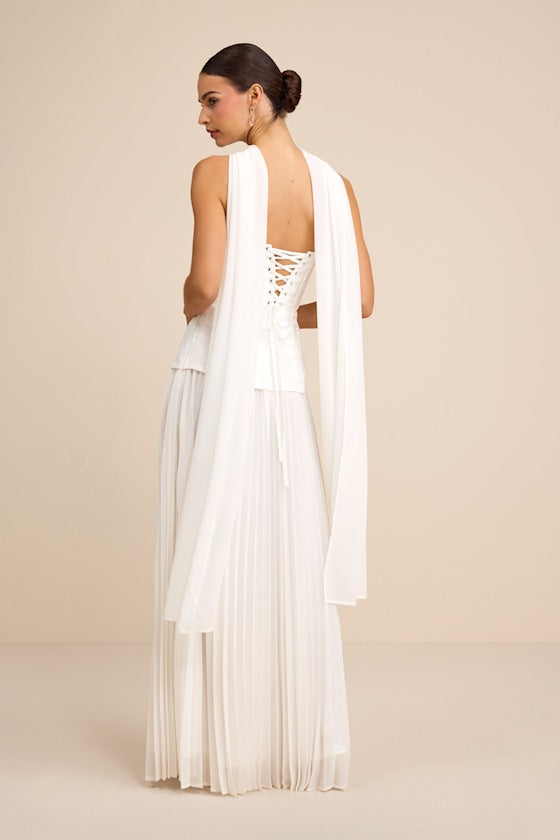 Eloise White Jacquard Pleated Maxi Dress and Scarf Set