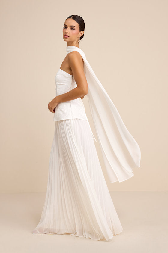 Eloise White Jacquard Pleated Maxi Dress and Scarf Set