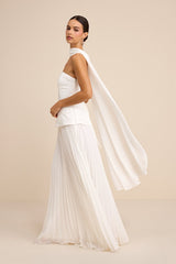 Eloise White Jacquard Pleated Maxi Dress and Scarf Set