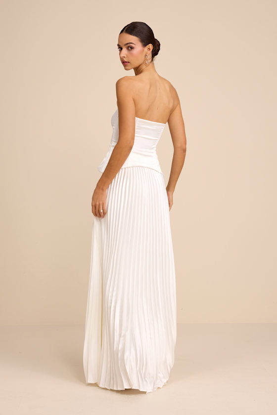 Dovey White Satin Pleated Maxi Dress