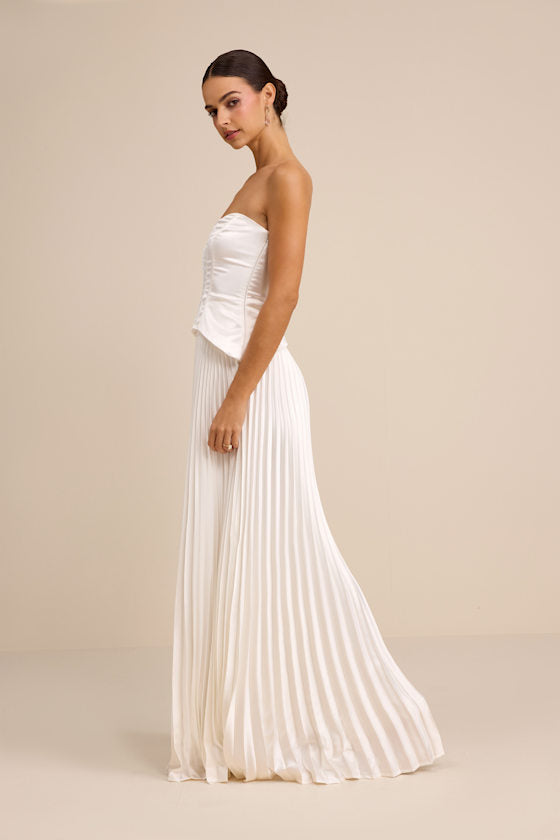 Dovey White Satin Pleated Maxi Dress