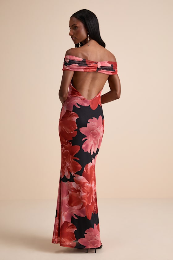 Dunia Black Floral Print Mesh Off-the-Shoulder Maxi Dress