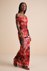 Dunia Black Floral Print Mesh Off-the-Shoulder Maxi Dress