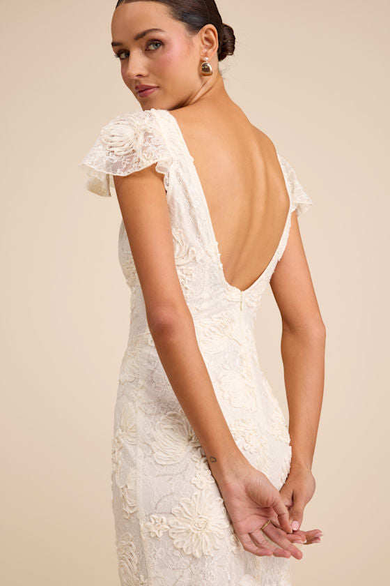 Kenna Ivory Lace Flutter Sleeve Midi Dress