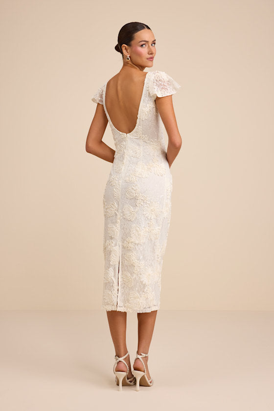 Kenna Ivory Lace Flutter Sleeve Midi Dress