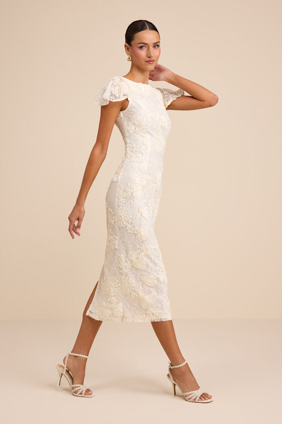 Kenna Ivory Lace Flutter Sleeve Midi Dress