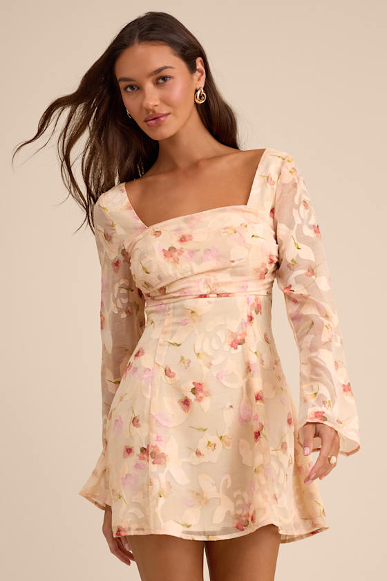 Rieti Cream Floral Burnout Long Sleeve Mini Dress