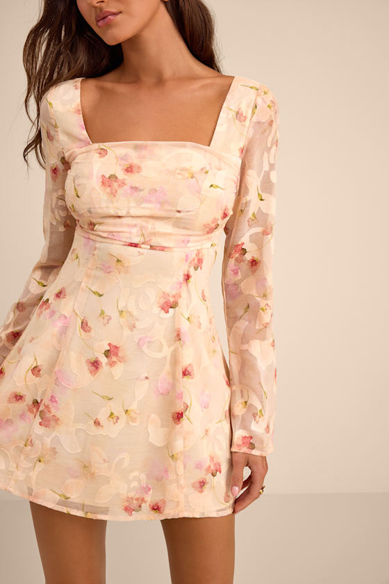 Rieti Cream Floral Burnout Long Sleeve Mini Dress