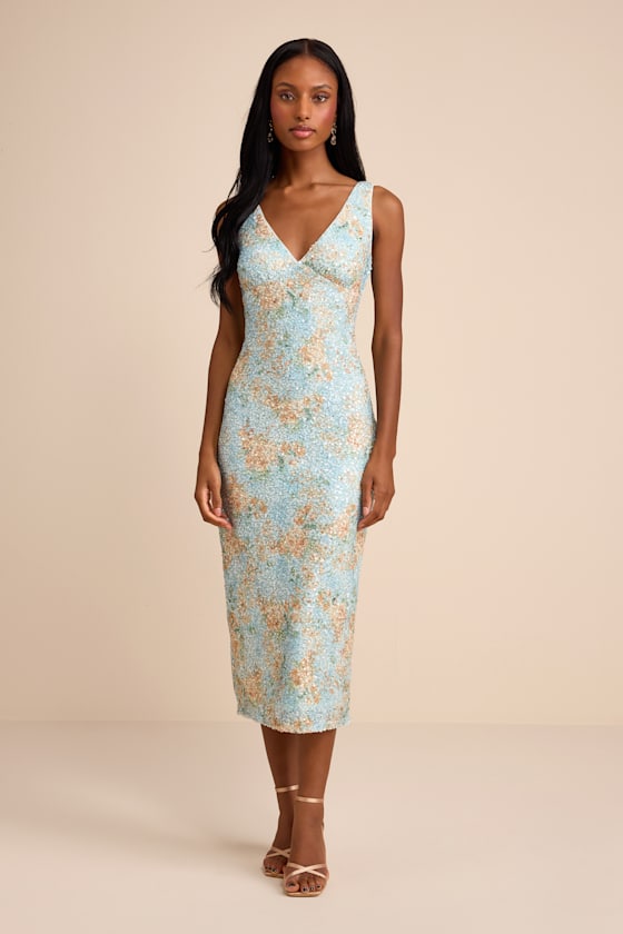 Renita Light Blue Floral Sequin Column Midi Dress