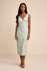 Renita Light Blue Floral Sequin Column Midi Dress