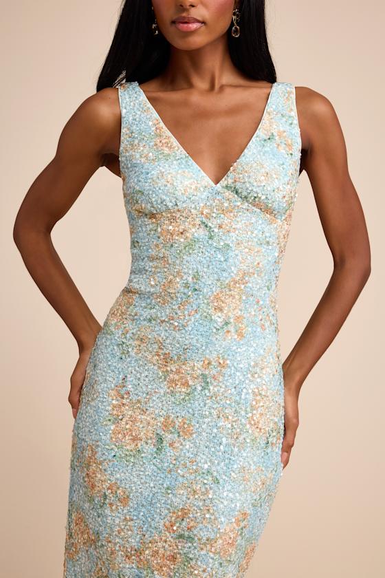 Renita Light Blue Floral Sequin Column Midi Dress
