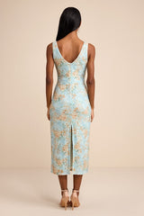 Renita Light Blue Floral Sequin Column Midi Dress