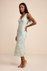 Renita Light Blue Floral Sequin Column Midi Dress