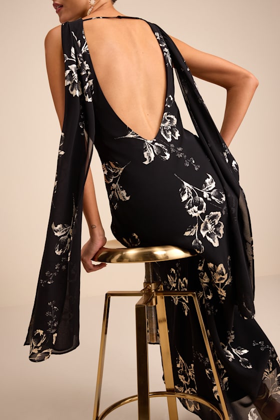 Sidonia Black and Gold Floral Cowl Sash Maxi Dress