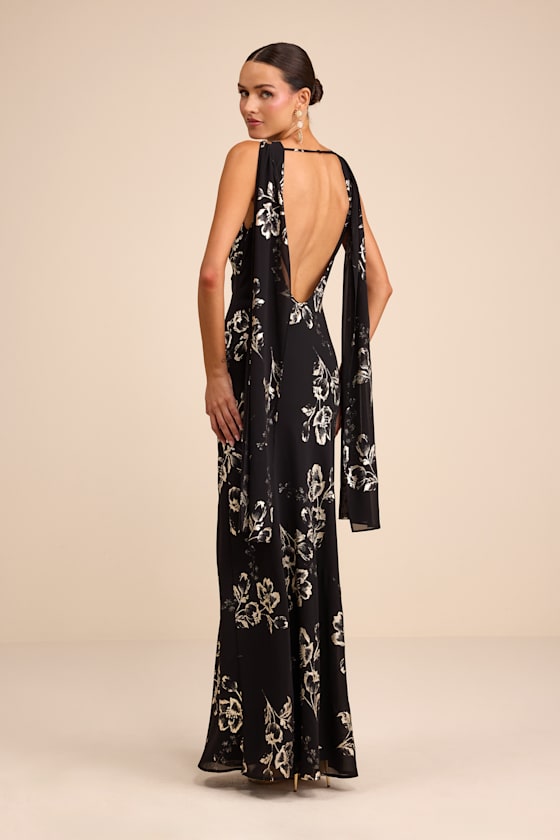 Sidonia Black and Gold Floral Cowl Sash Maxi Dress