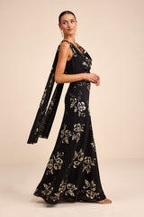 Sidonia Black and Gold Floral Cowl Sash Maxi Dress