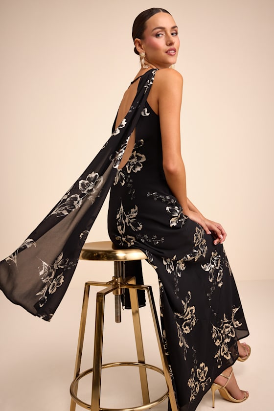 Sidonia Black and Gold Floral Cowl Sash Maxi Dress