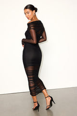 Sunama Black Mesh Ruched Long Sleeve Bodycon Midi Dress
