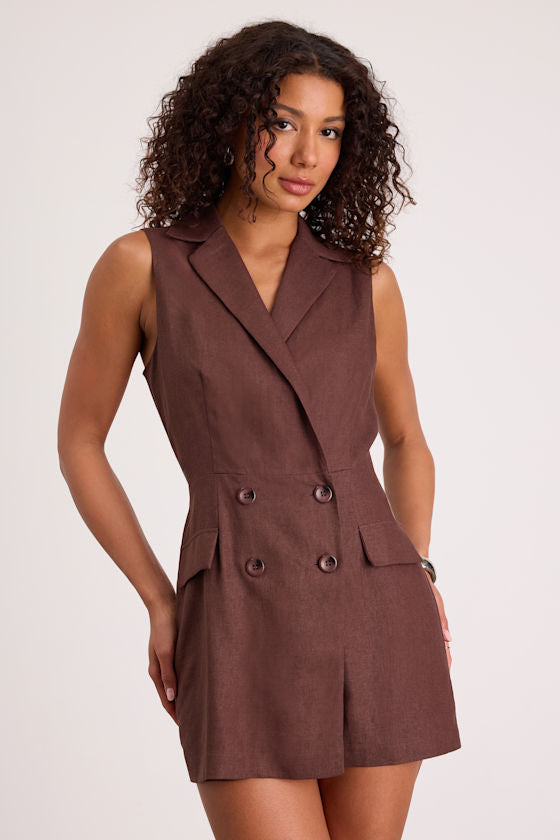 Paris Brown Linen Collared Romper