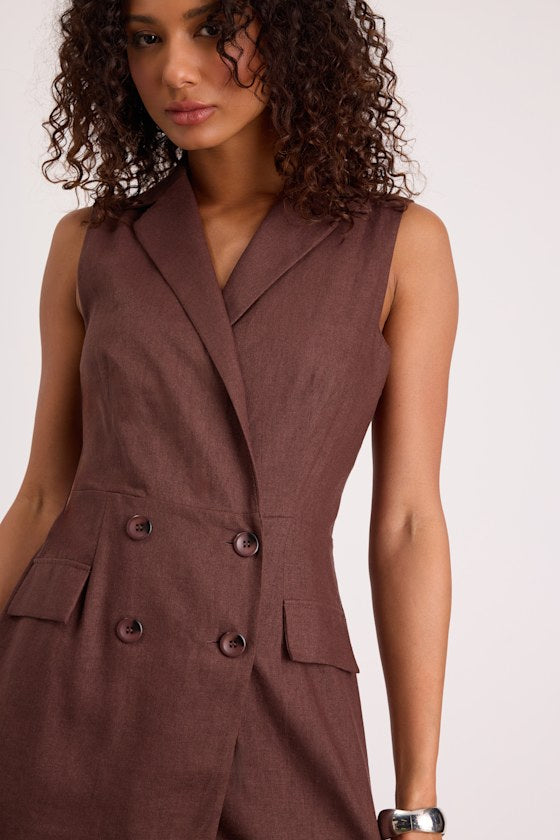 Paris Brown Linen Collared Romper