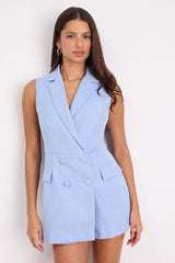 Paris Light Blue Tweed Collared Romper